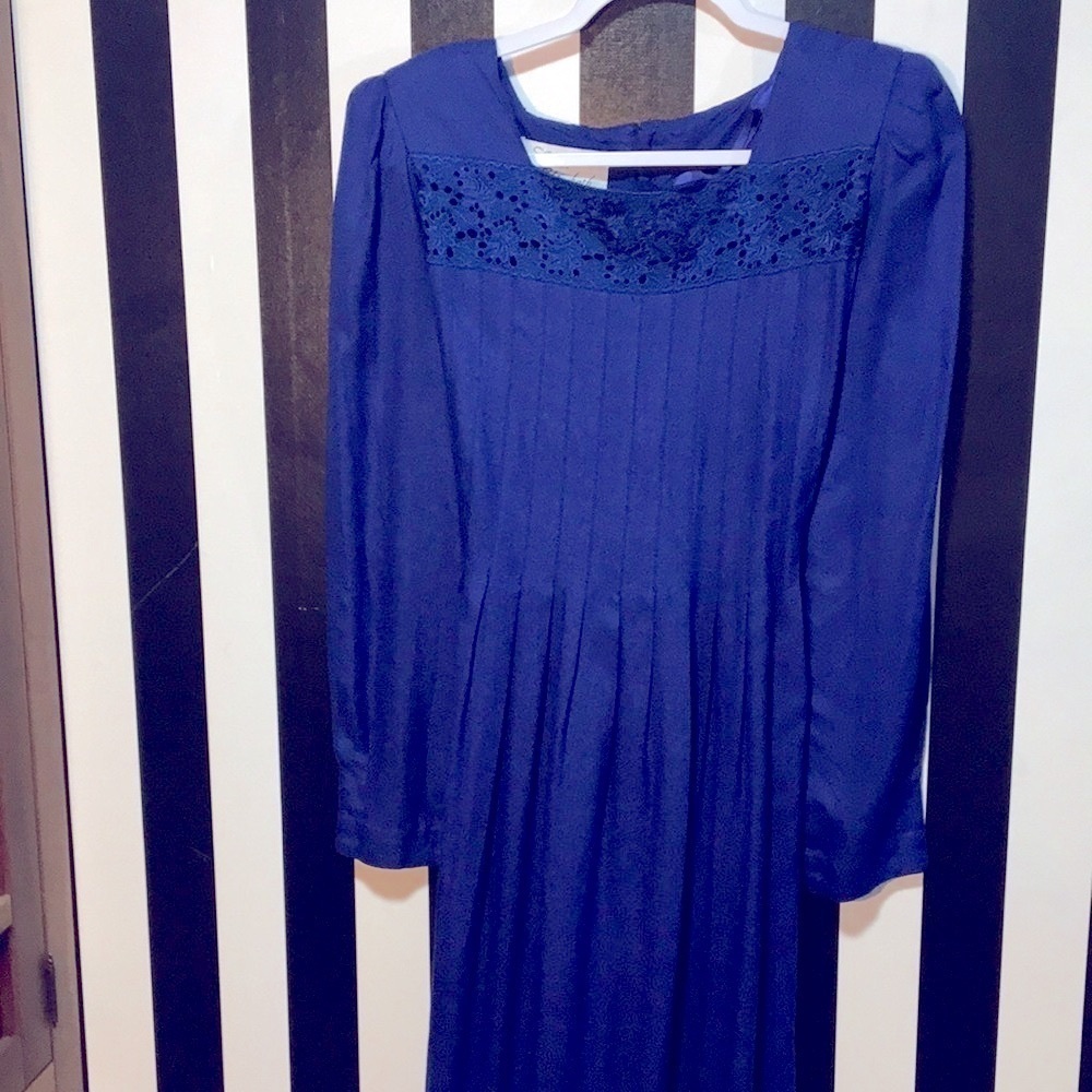 Vintage 80s Royal Blue Prairie Dress Modest Long Sleeve Size 12 Woman’s Large XL - Picture 7 of 17